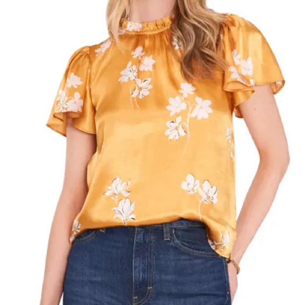 1.State ruffle floral print satin blouse